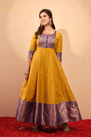 Printed Anarkali with Zari Border - Mustard
