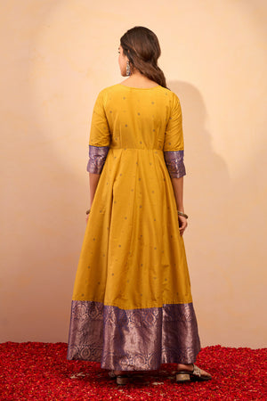 Printed Anarkali with Zari Border - Mustard
