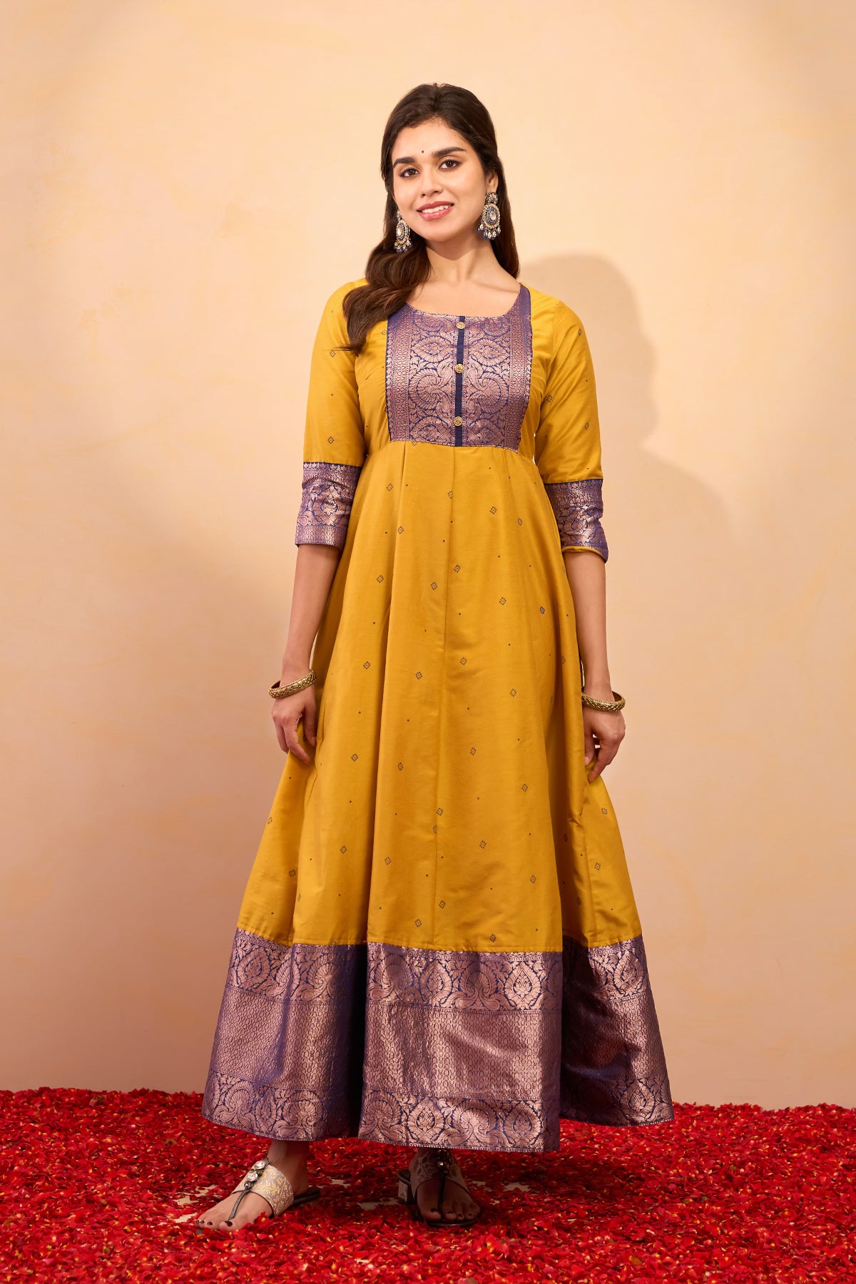 Printed Anarkali with Zari Border - Mustard