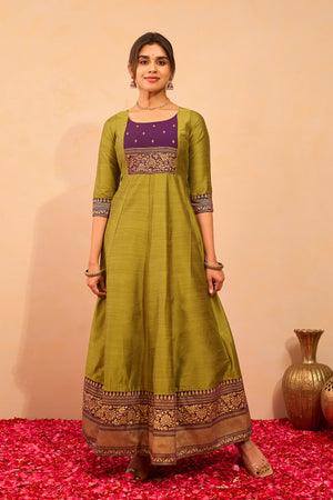 Floral Printed Anarkali with Contrast Yoke - Green
