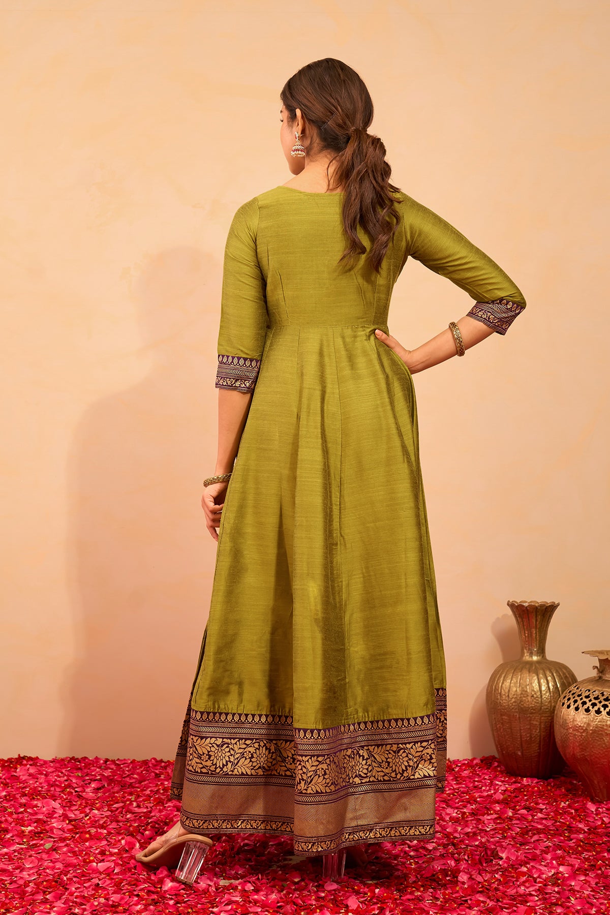 Floral Printed Anarkali with Contrast Yoke - Green
