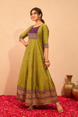 Floral Printed Anarkali with Contrast Yoke - Green