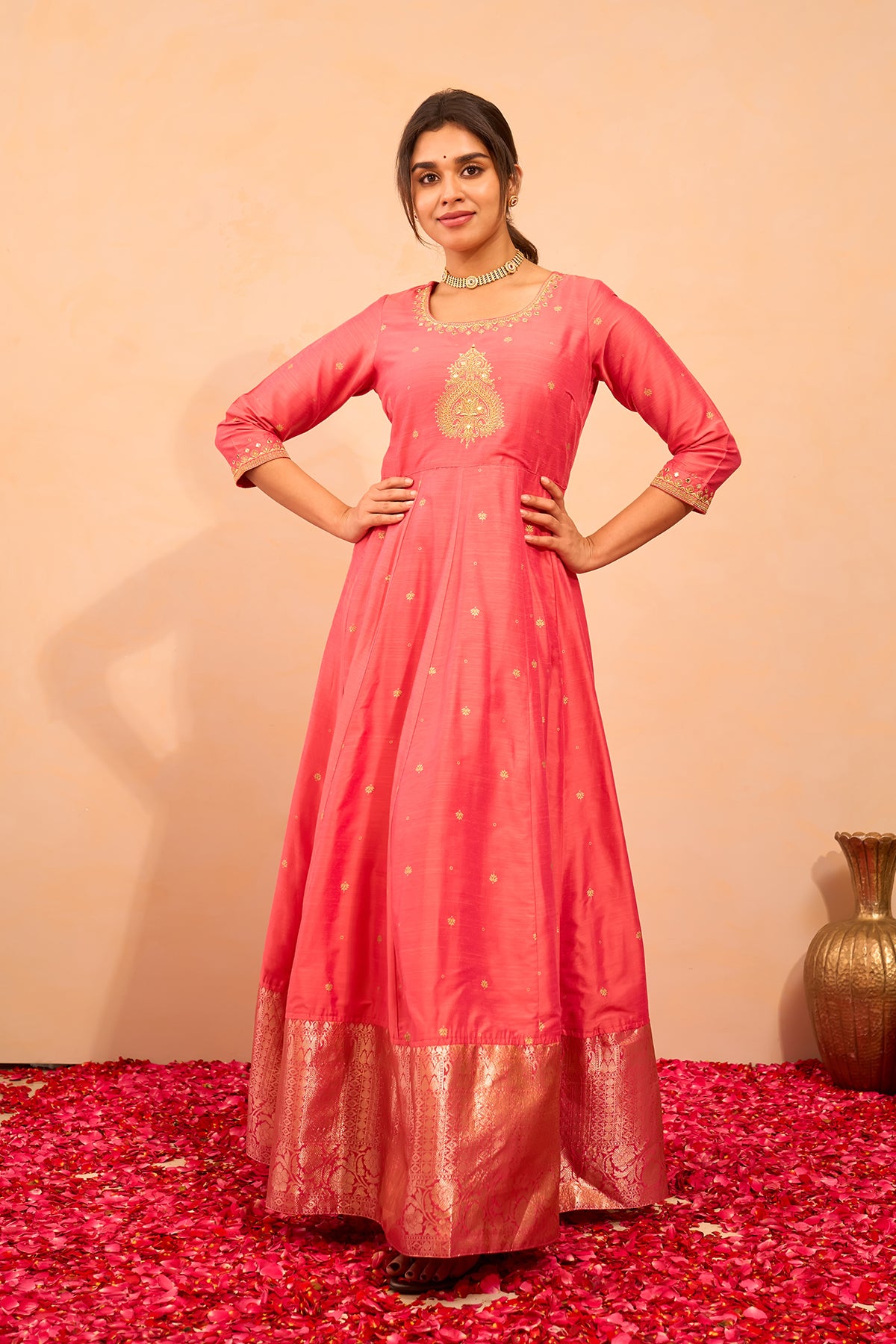 Embroidered & Foil Embellished Anarkali with Zari Border - Pink
