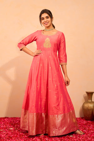 Embroidered & Foil Embellished Anarkali with Zari Border - Pink