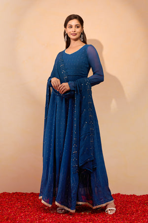 Sequence Embellished Anarkali with Dupatta - Blue
