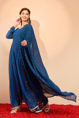 Sequence Embellished Anarkali with Dupatta - Blue
