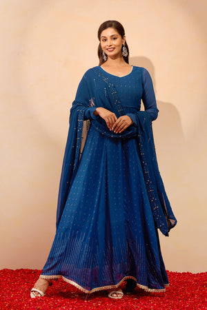 Sequence Embellished Anarkali with Dupatta - Blue