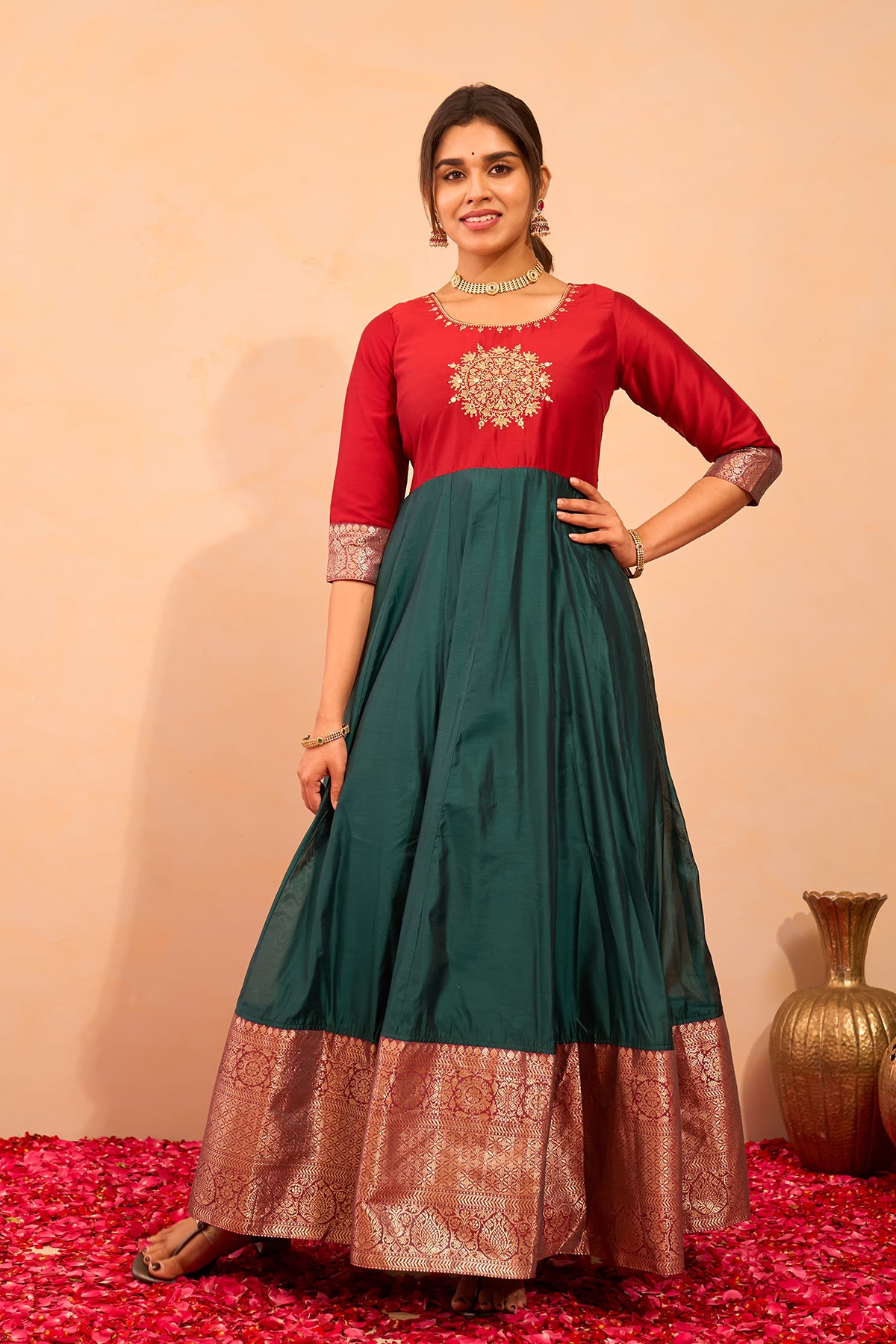 Mandala Floral Embroidered Anarkali - Red & Green
