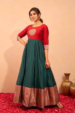 Mandala Floral Embroidered Anarkali - Red & Green