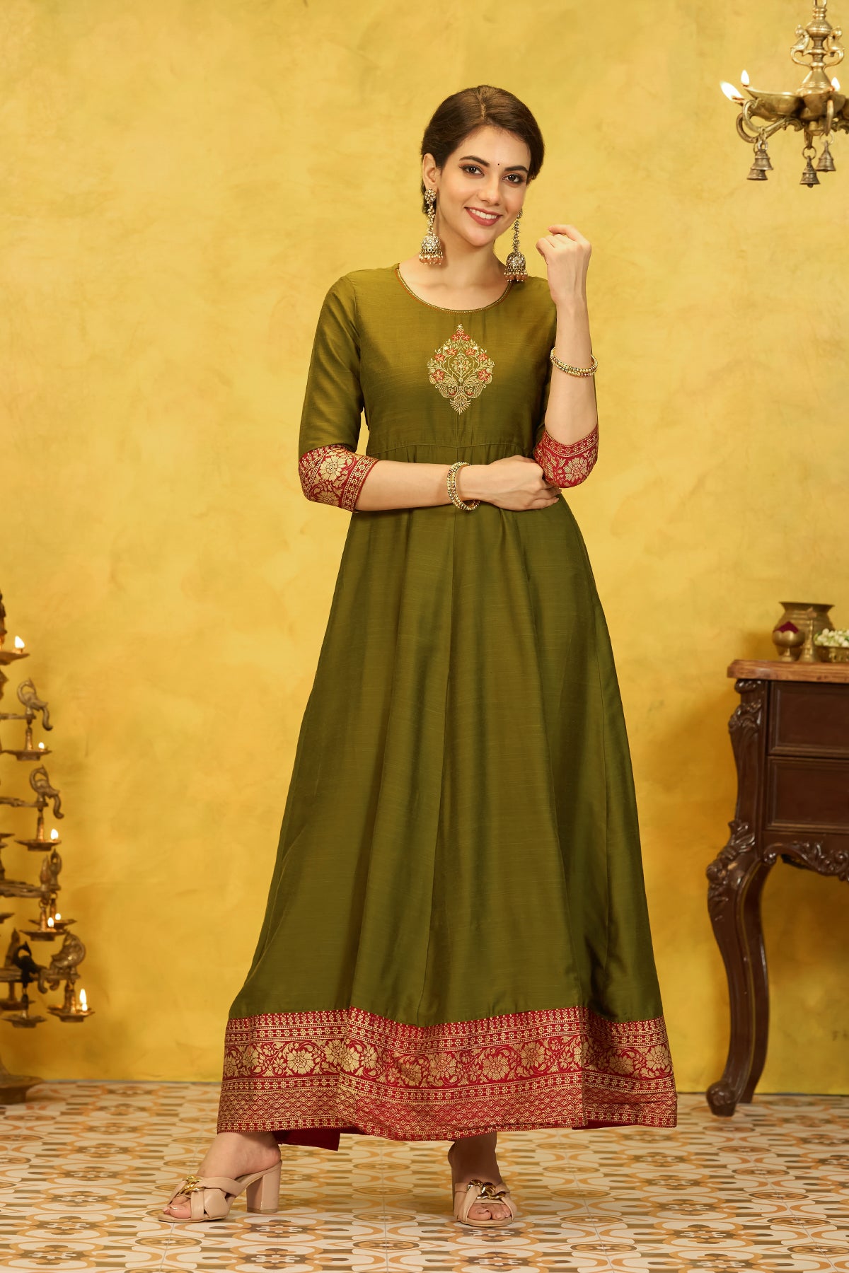 Floral Embroidered & Printed Anarkali - Green