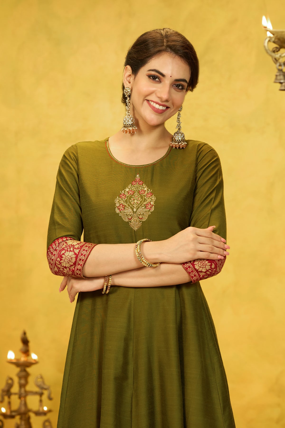 Floral Embroidered & Printed Anarkali - Green