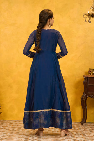 Golden Checks Embroidered Anarkali - Blue