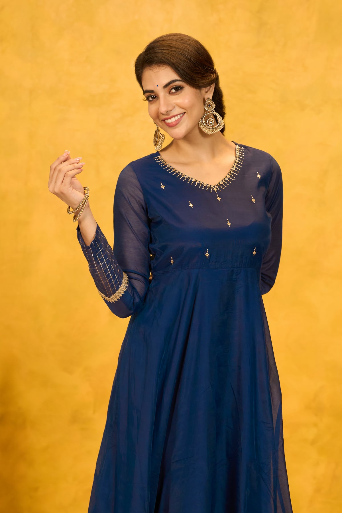 Golden Checks Embroidered Anarkali - Blue