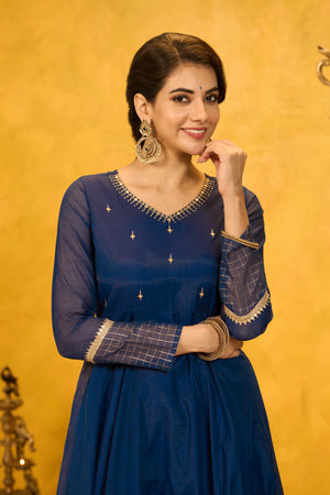 Golden Checks Embroidered Anarkali - Blue