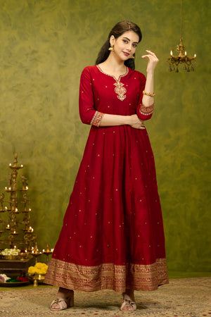 Floral Jewel Inspired Embroidered Anarkali - Red