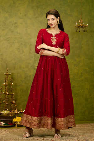 Floral Jewel Inspired Embroidered Anarkali - Red