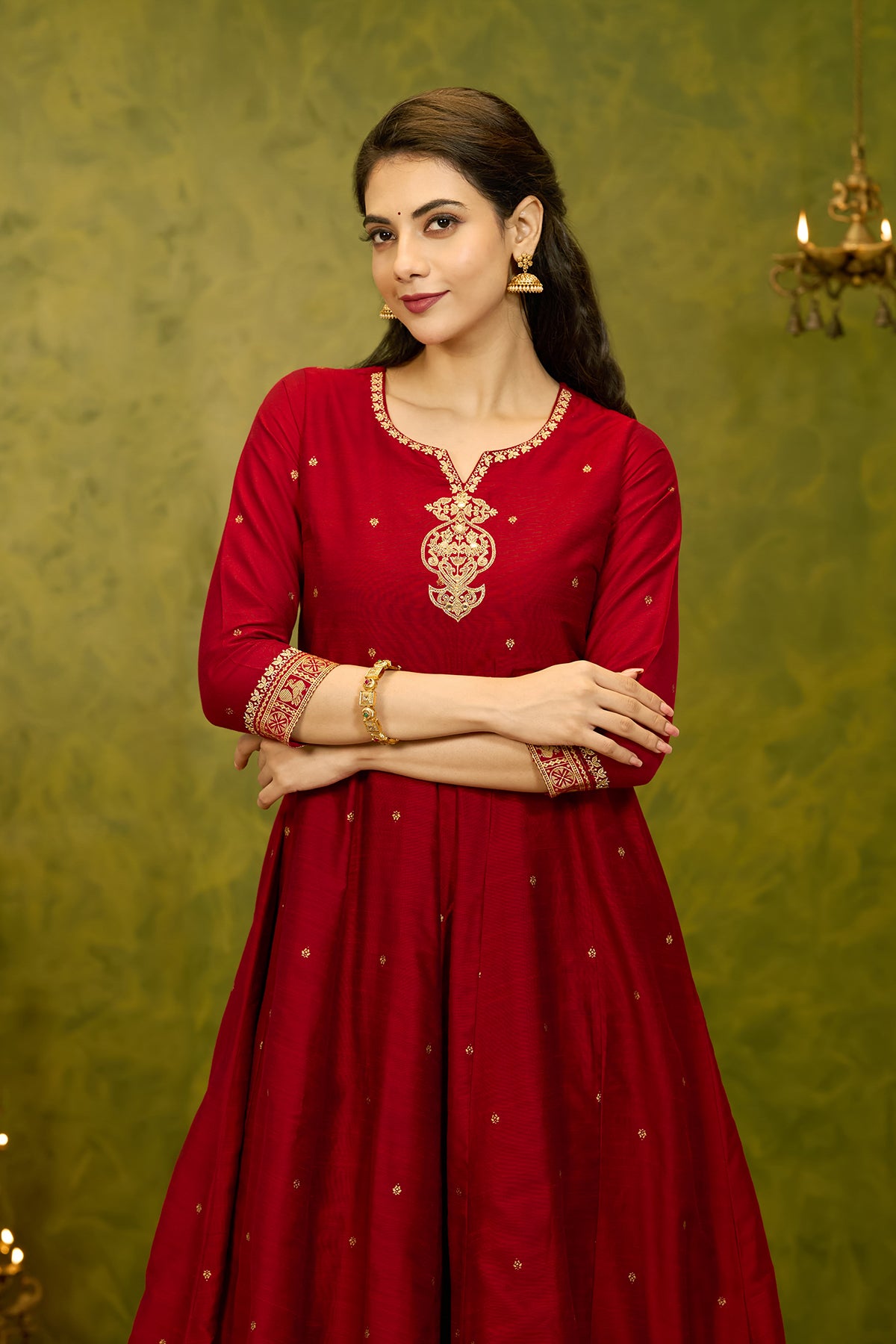 Floral Jewel Inspired Embroidered Anarkali - Red