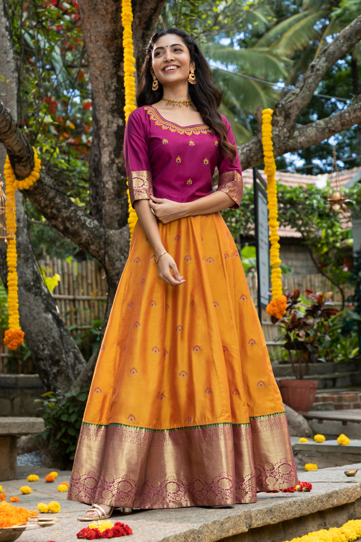 Floral Embroidered With Foil Mirror Embellished Top & Printed With Contrast Zari Border Skirt Set - Pink & Yellow