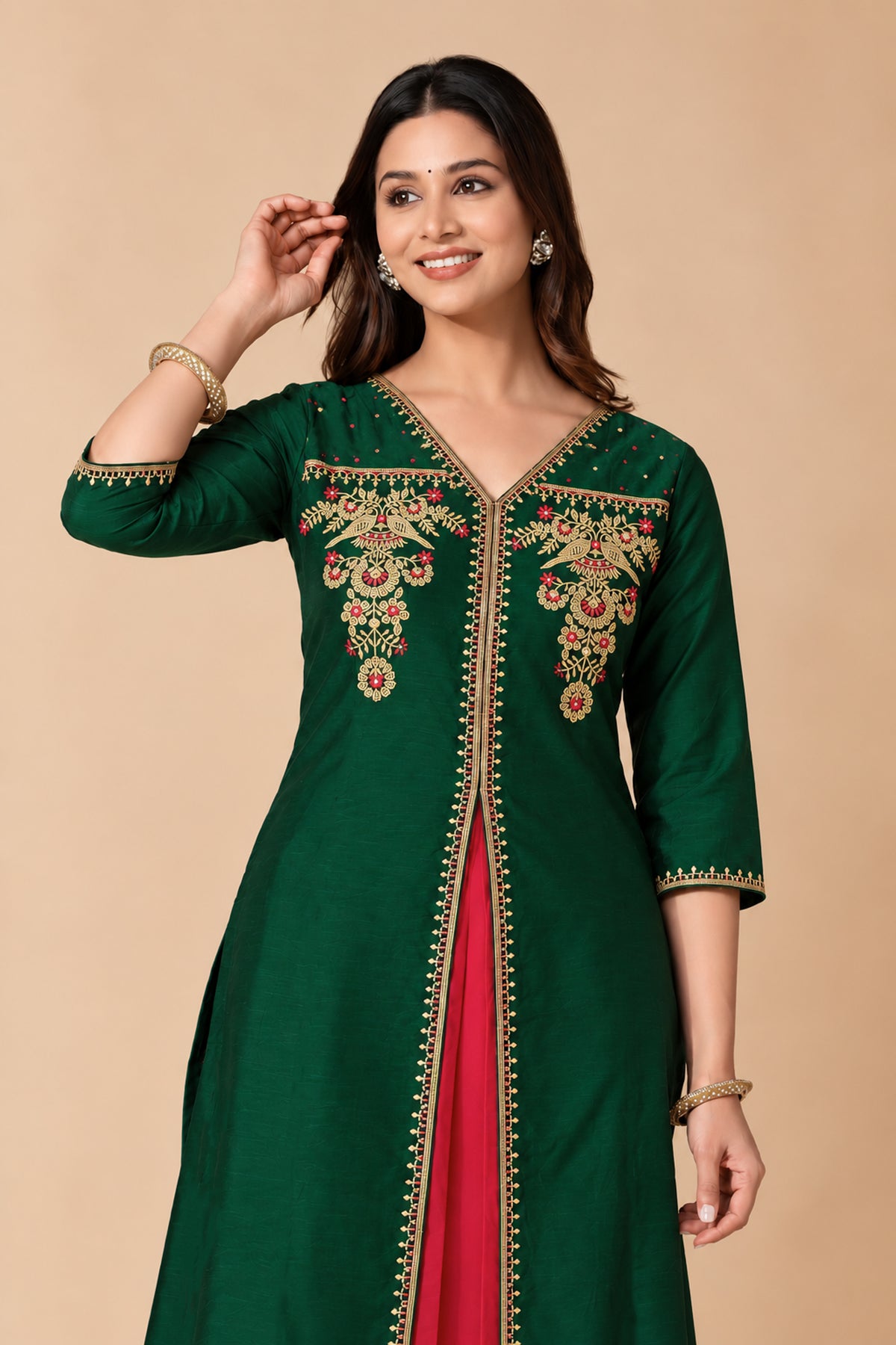 Green Bird Embroidered A-Line Festive Kurta with Front Slit