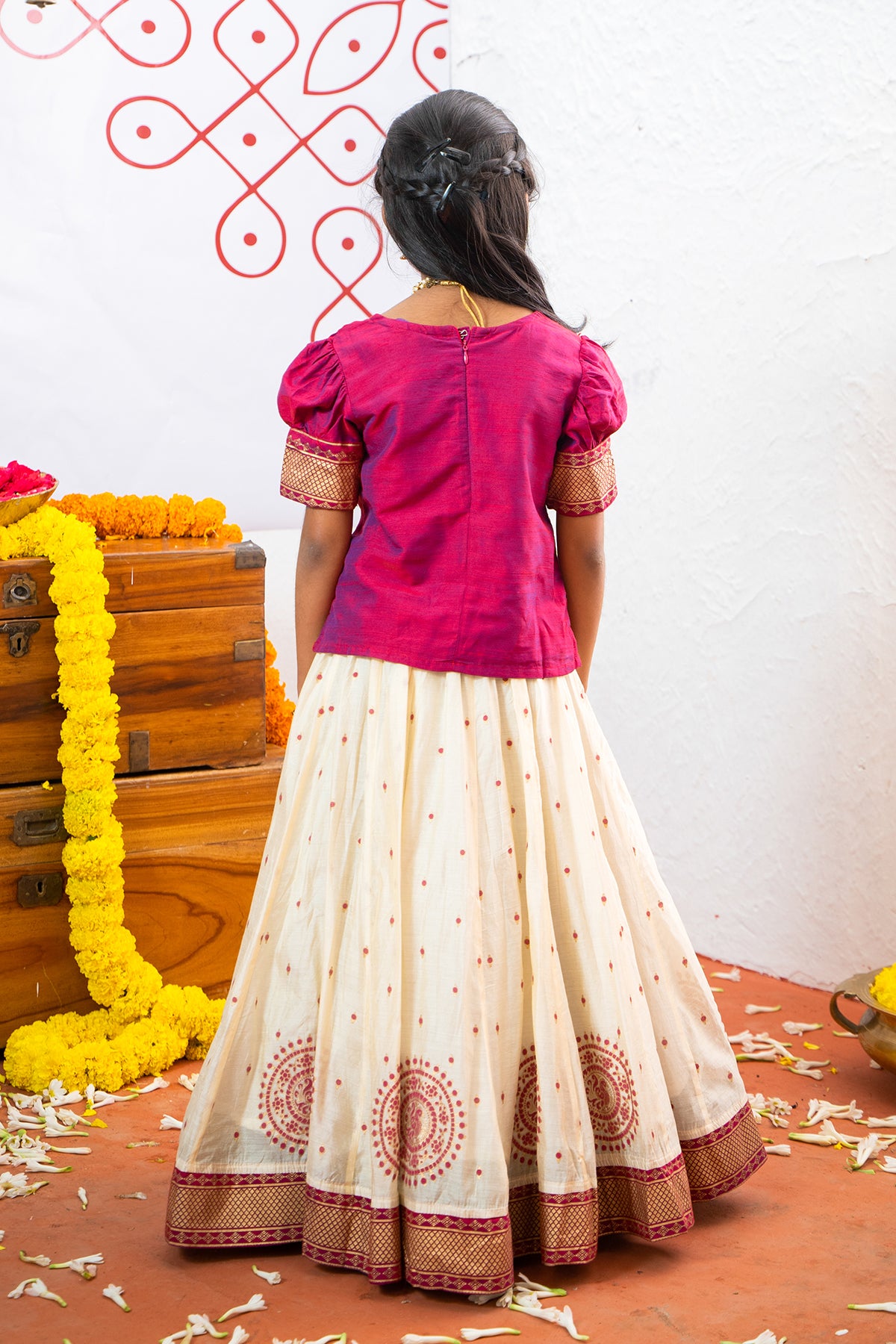 Mandala Placement Top With Geometric Printed Kids Skirt Set - Magenta & Off White