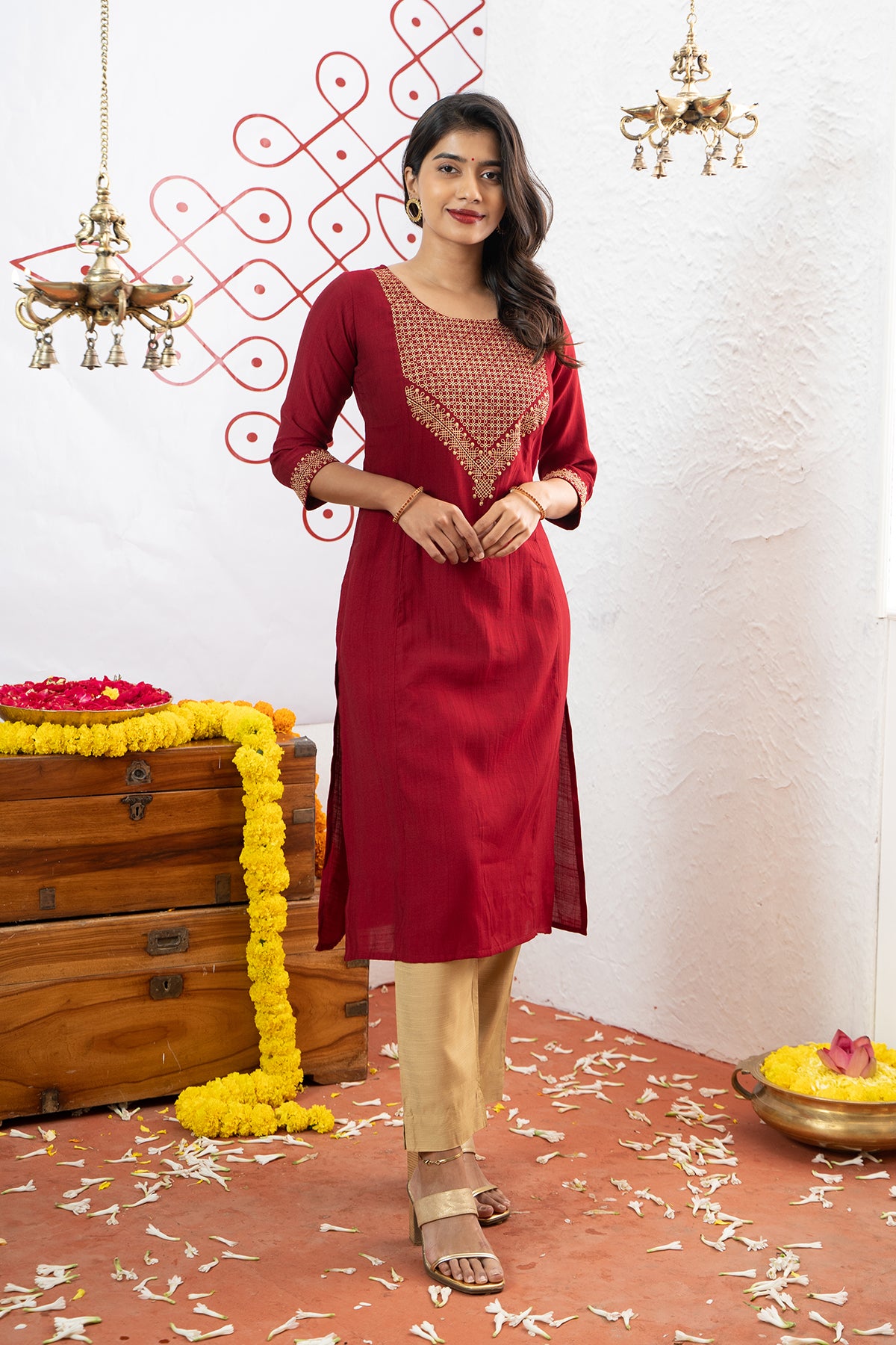 Kolam Motif Embroidered Yoke Kurta Maroon