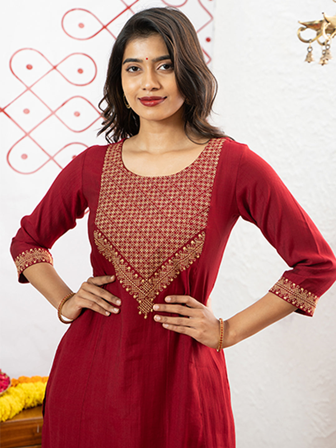 Kolam Motif Embroidered Yoke Kurta Maroon