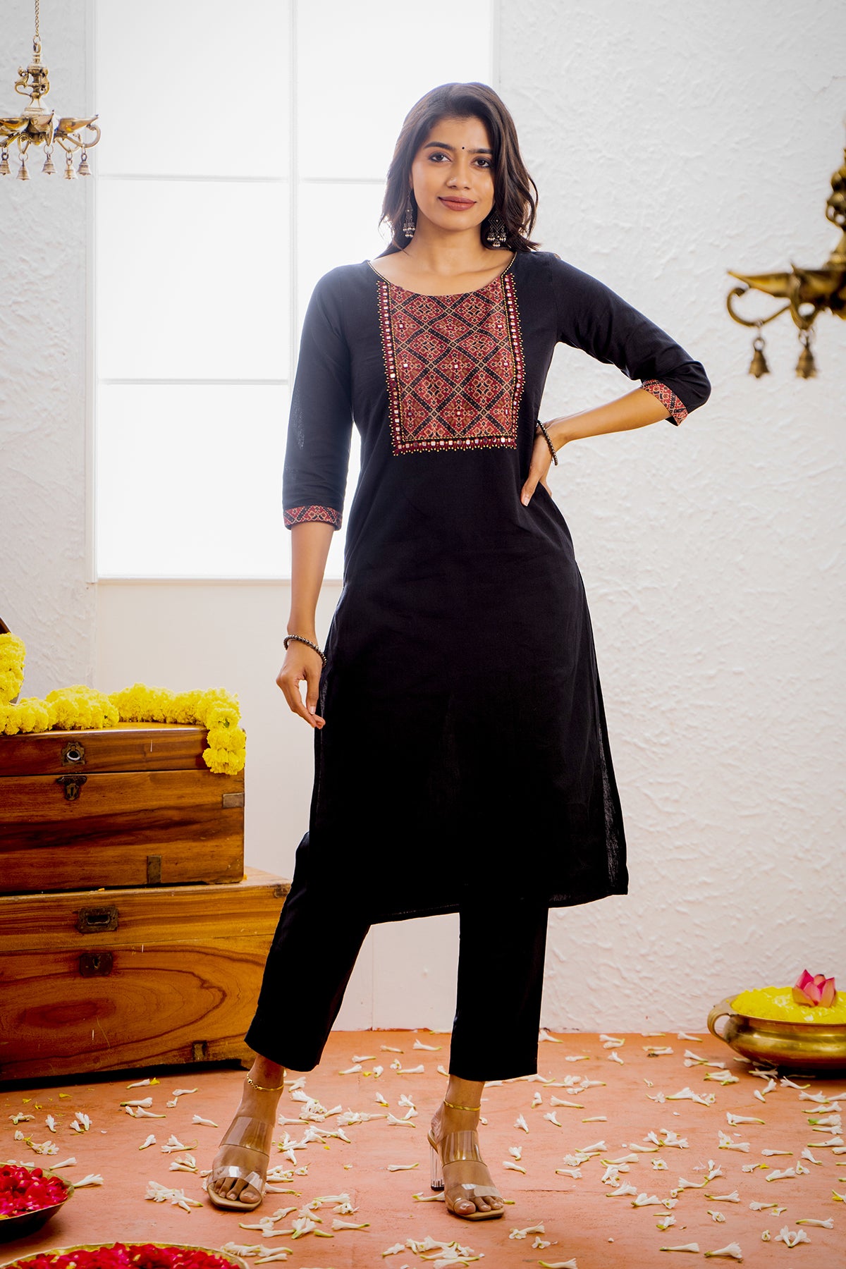 Ajrak Printed Yoke With Geometric Embroidered Foil Mirror Embellished Kurta Black