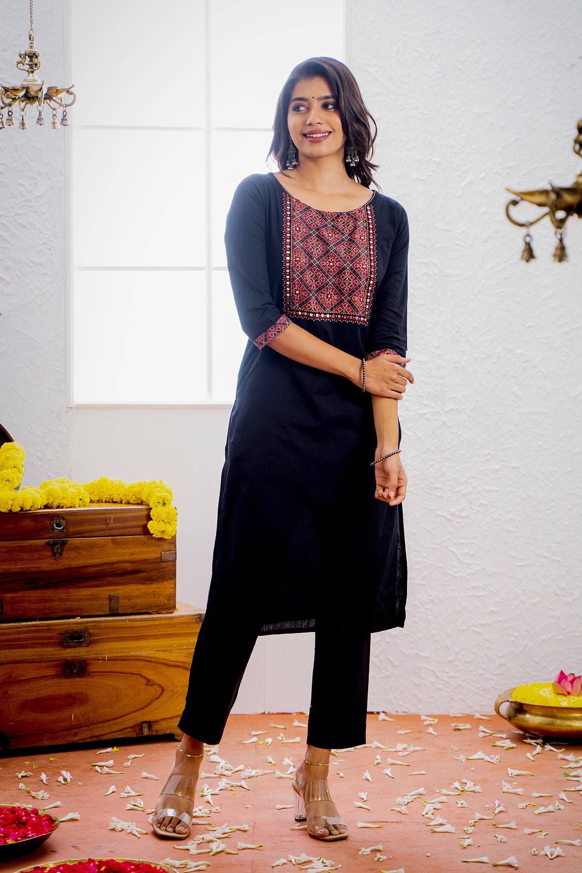 Ajrak Printed Yoke With Geometric Embroidered Foil Mirror Embellished Kurta Black