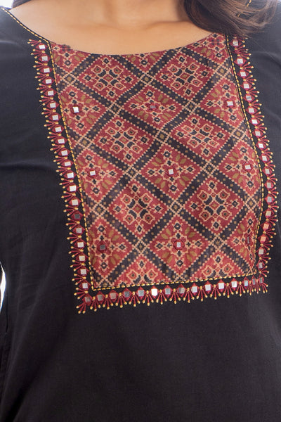 Ajrak Printed Yoke With Geometric Embroidered Foil Mirror Embellished Kurta Black