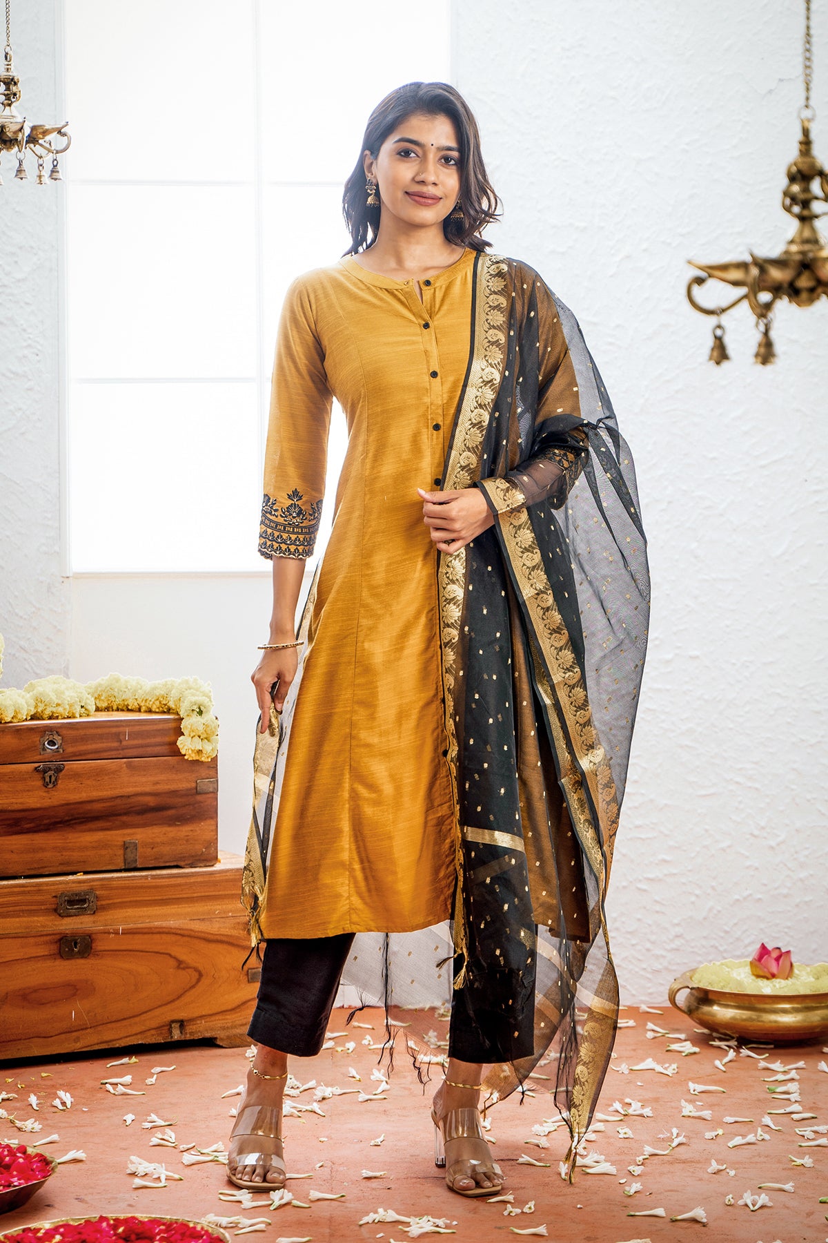 Solid A-line Kurta Set With  Embroidered Sleeves & Brocade Dupatta - Mustard & Black