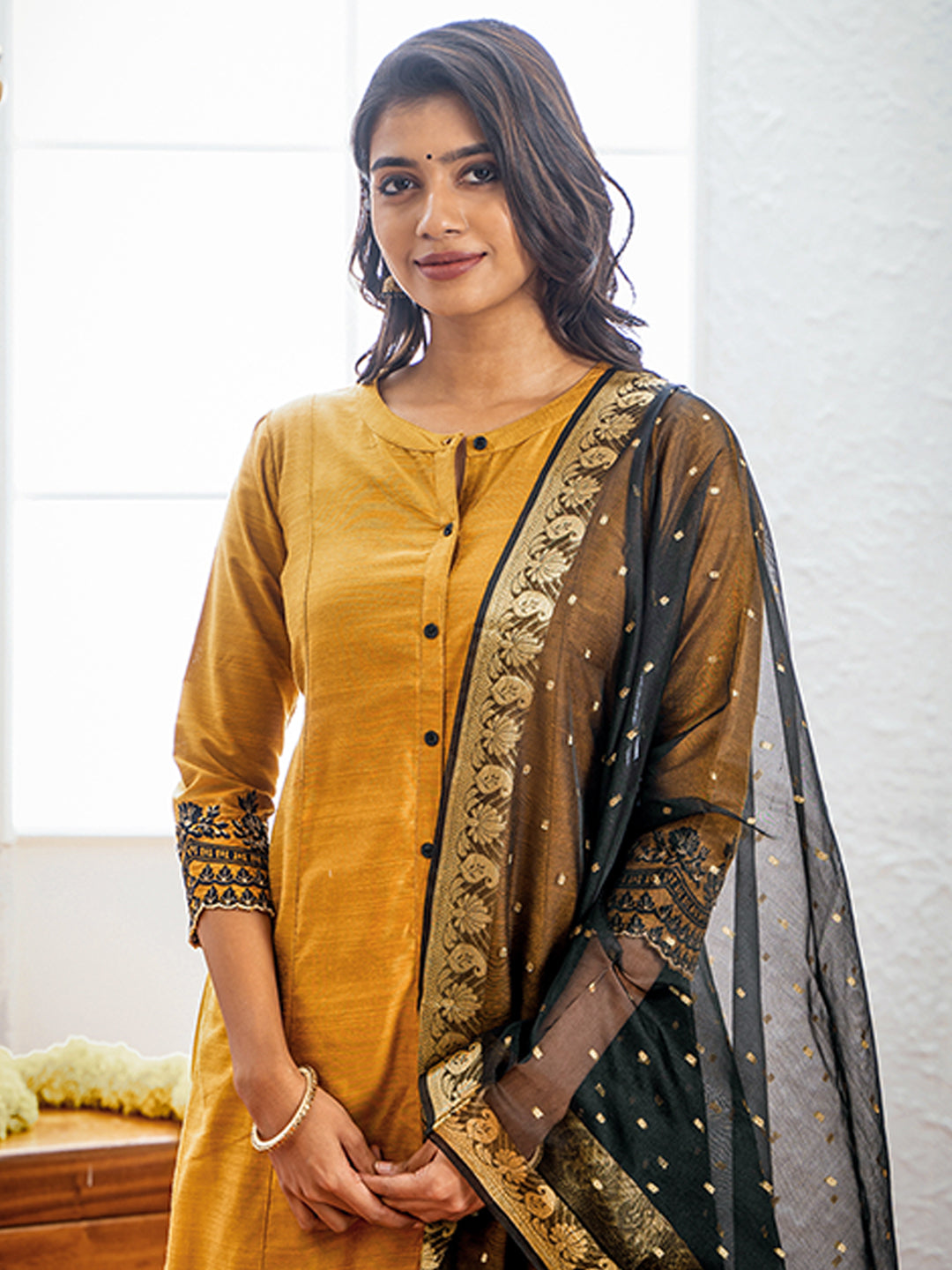 Solid A-line Kurta Set With  Embroidered Sleeves & Brocade Dupatta - Mustard & Black