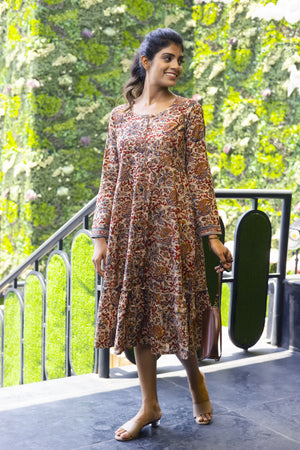 Red & Beige Kalamkari Cotton Kurta – Flowy Summer Ethnic Dress