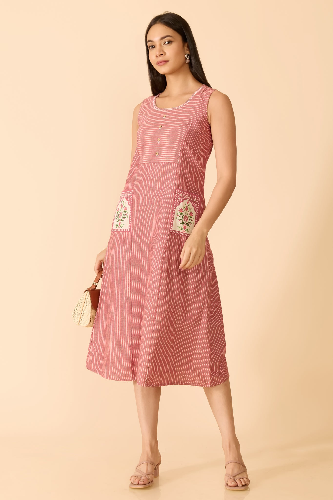 MAUVE STRIPED COTTON ETHNIC DRESS