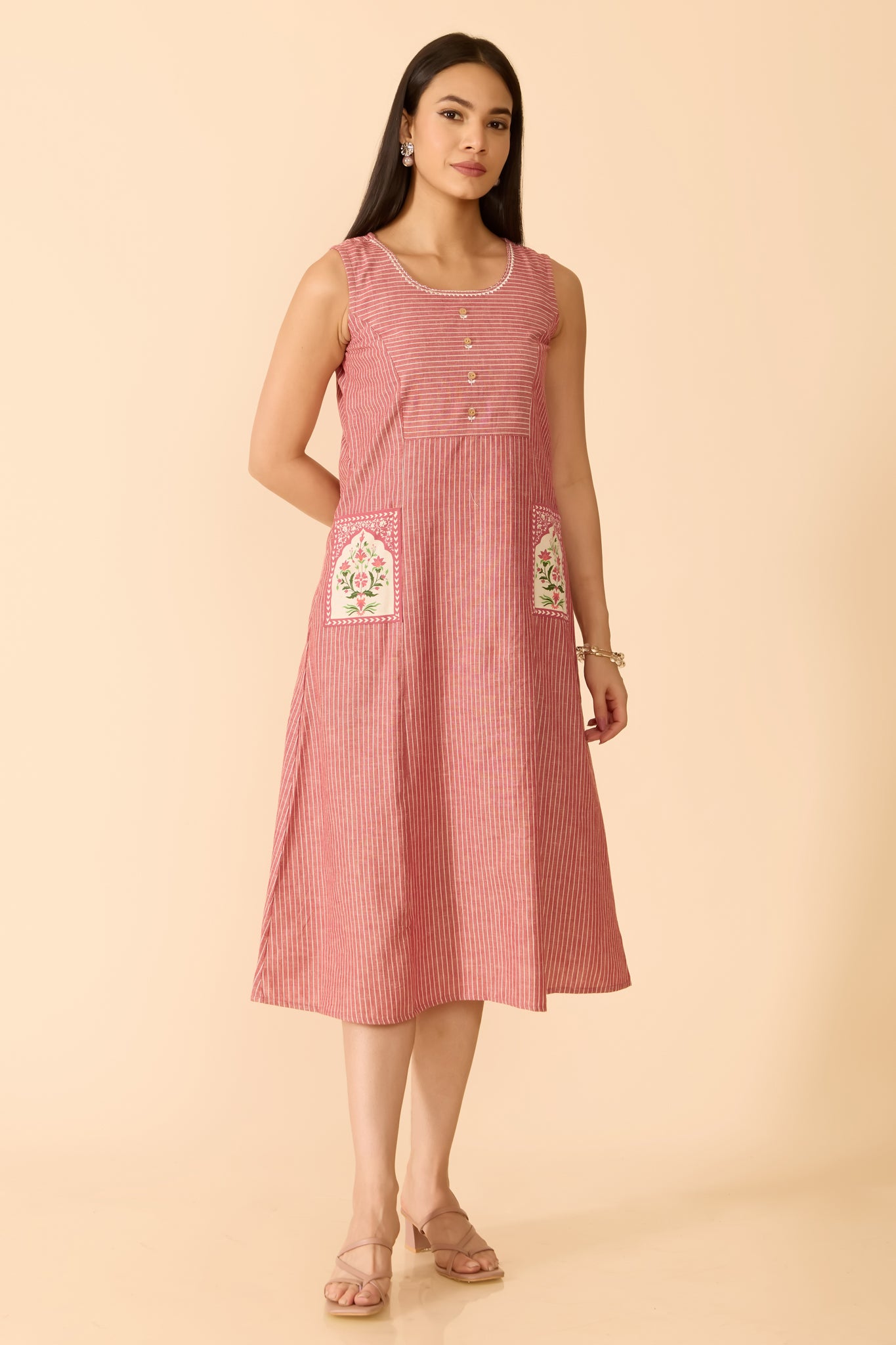 MAUVE STRIPED COTTON ETHNIC DRESS