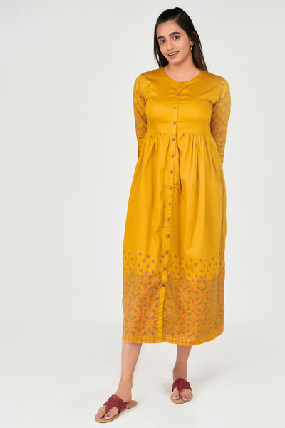Ethnic Motif Printed Gathered Flare Dress Yellow