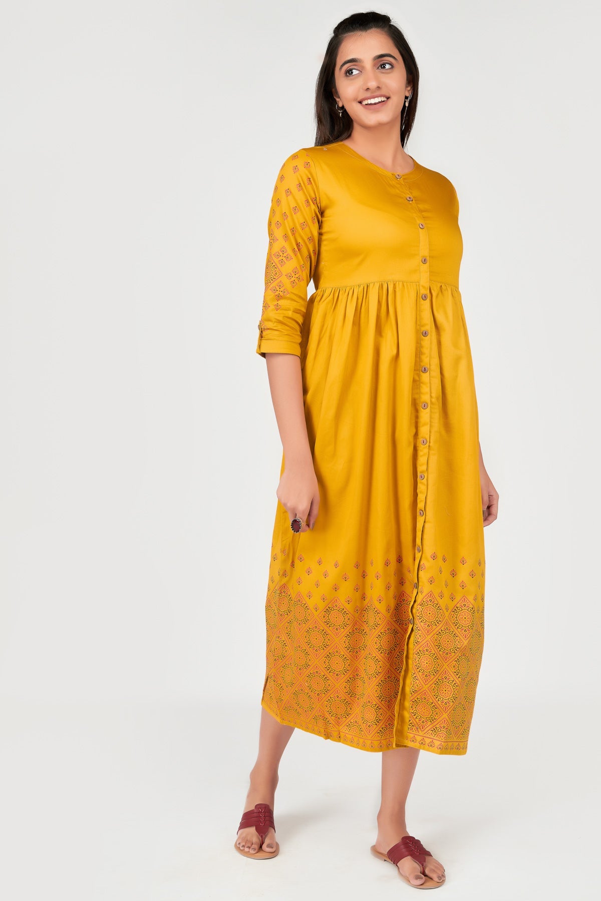 Ethnic Motif Printed Gathered Flare Dress Yellow