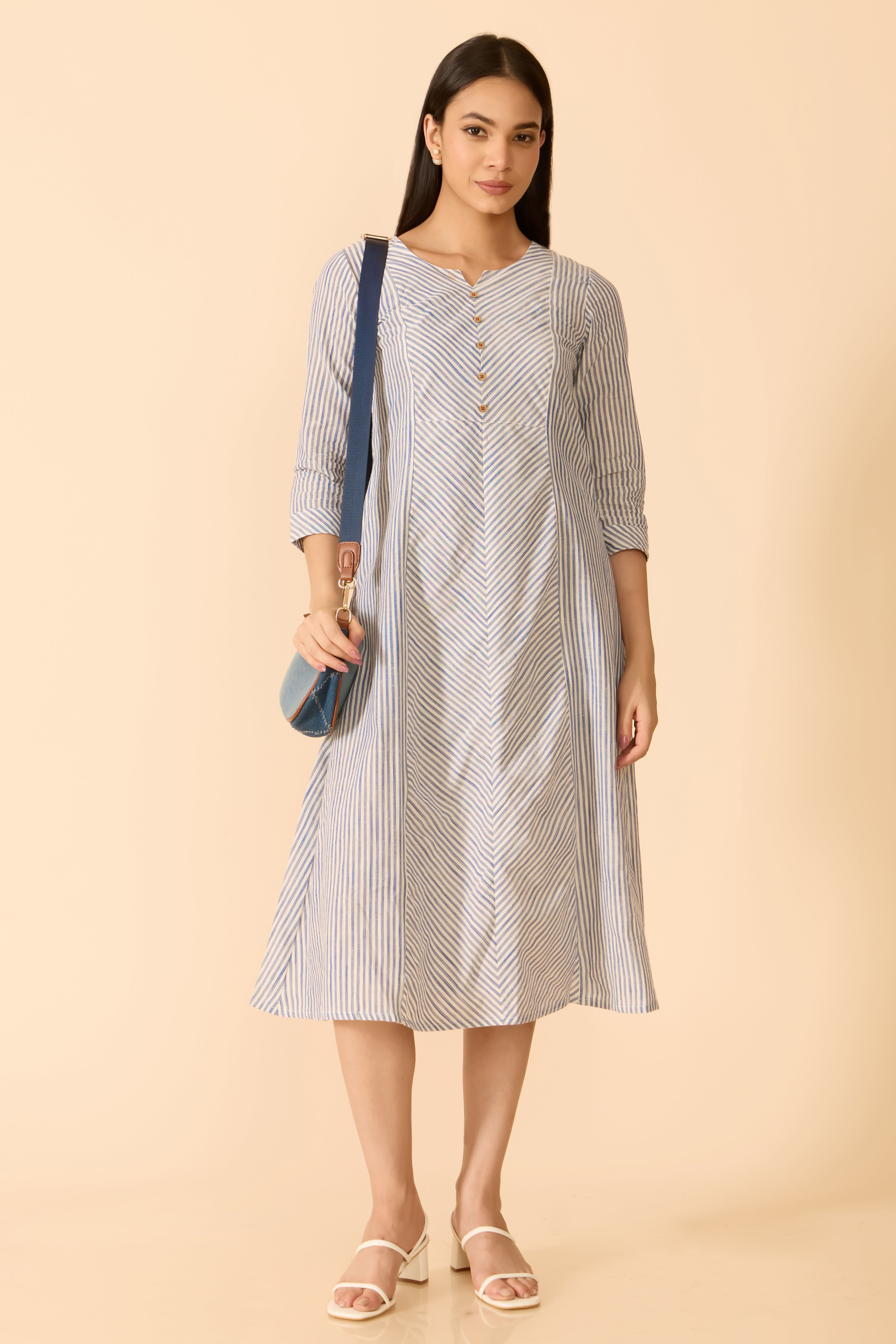 WHITE STRIPED COTTON ETHNIC DRESS
