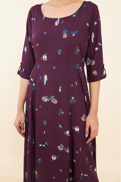 All Over Funky Graphic Printed A- Line Kurta - Maroon