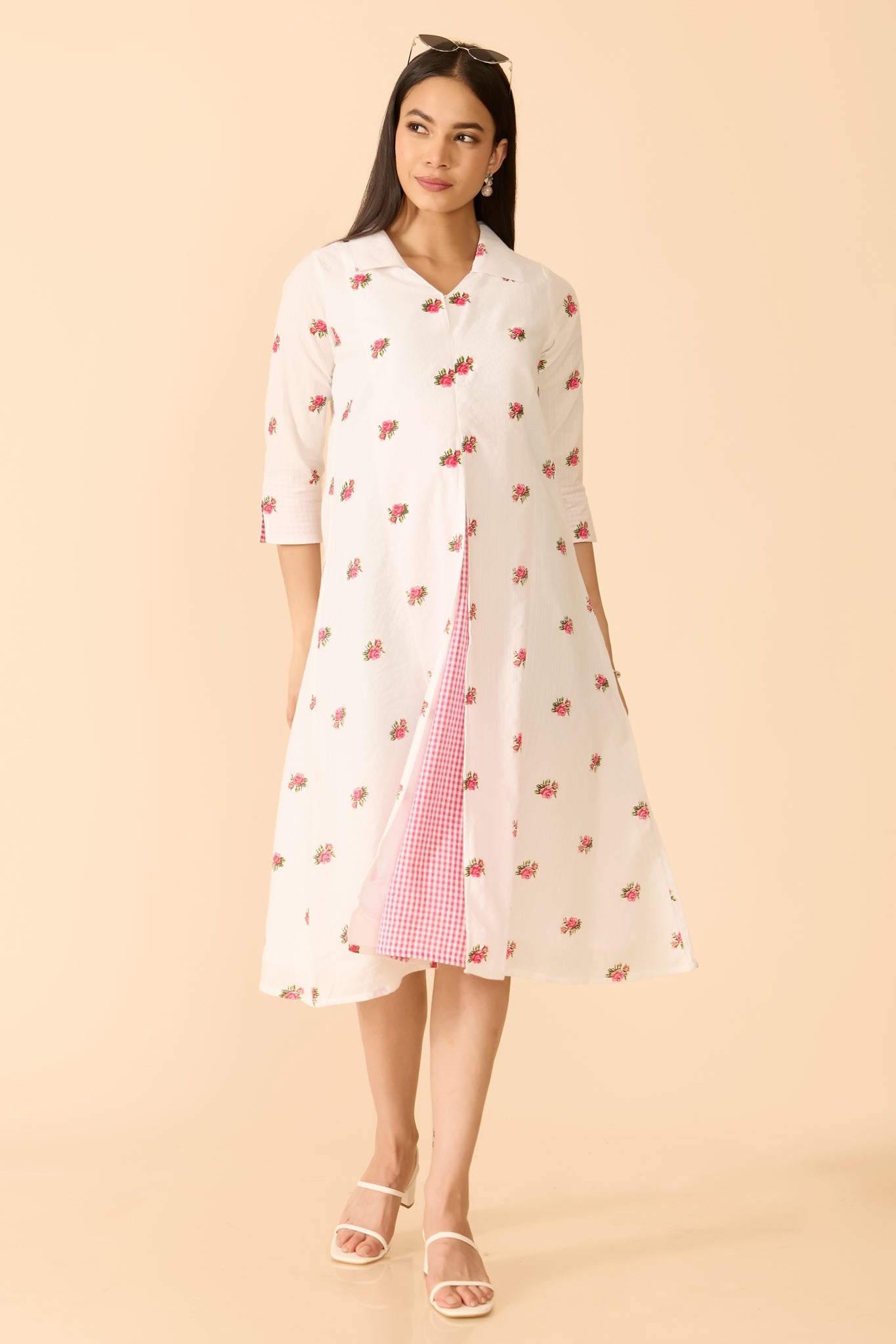 WHITE FLORAL COTTON ETHNIC DRESS