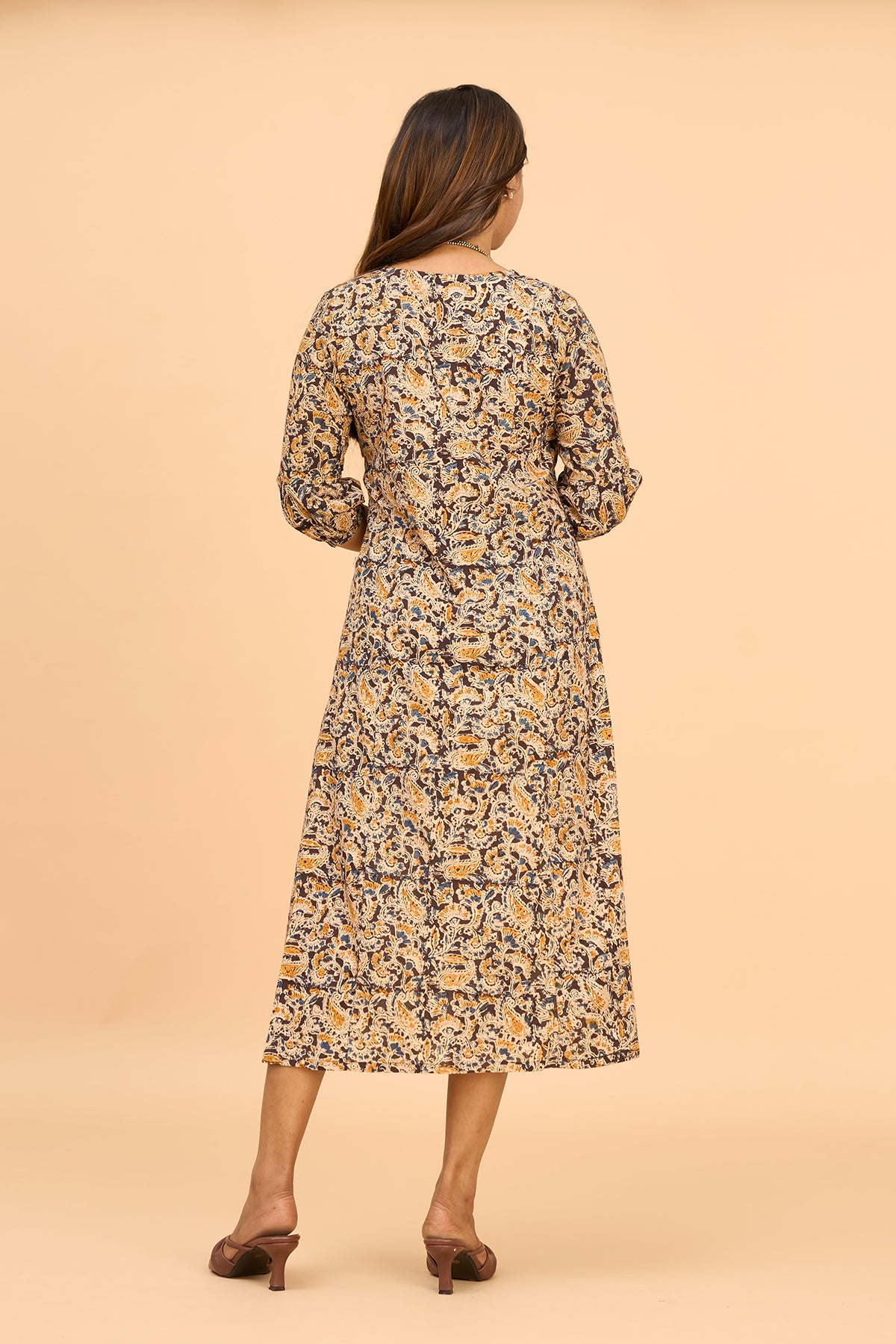 Printed Kalamkari Ethnic Dress with Pin Tucks - Mustard