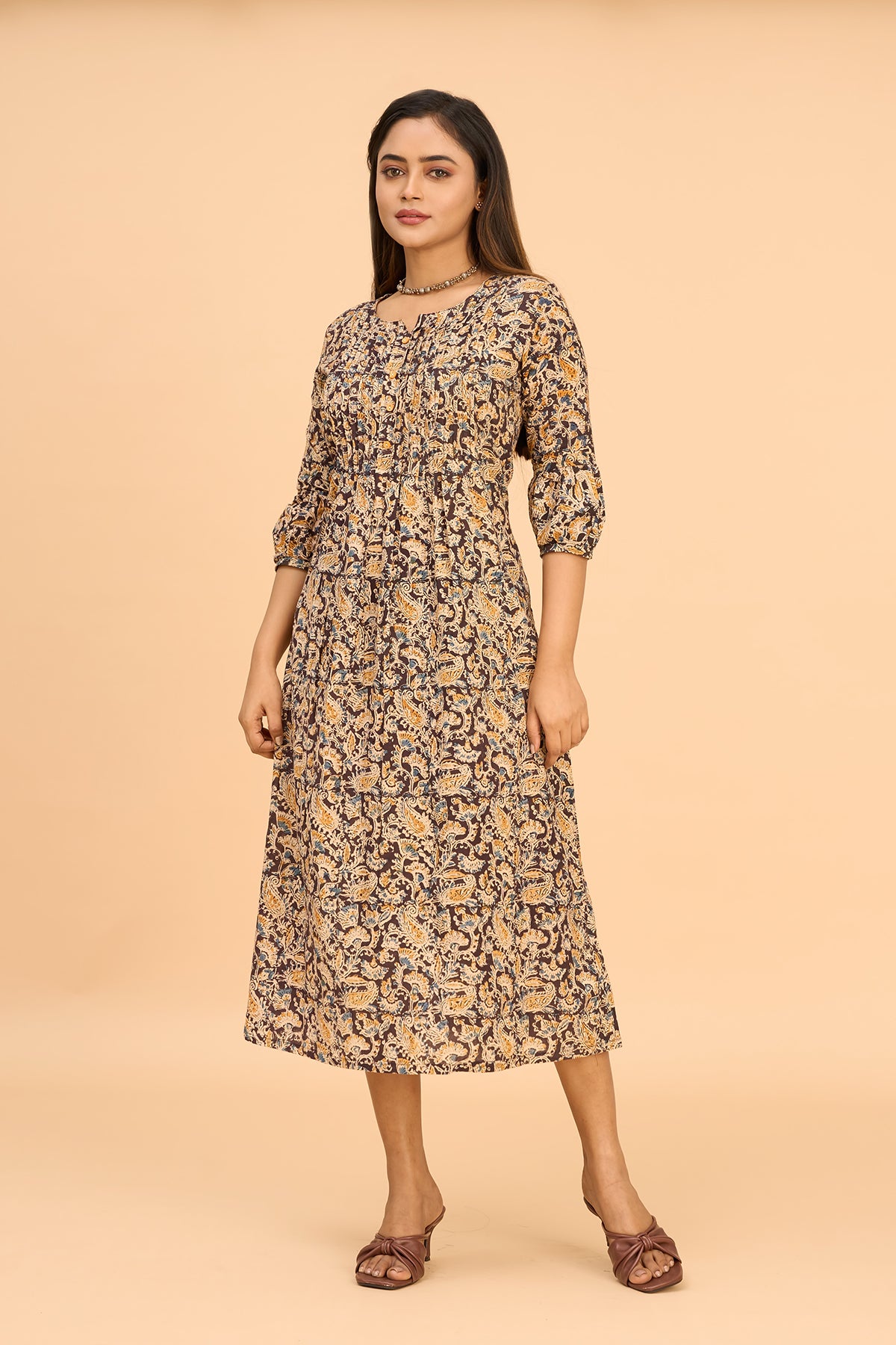 Printed Kalamkari Ethnic Dress with Pin Tucks - Mustard