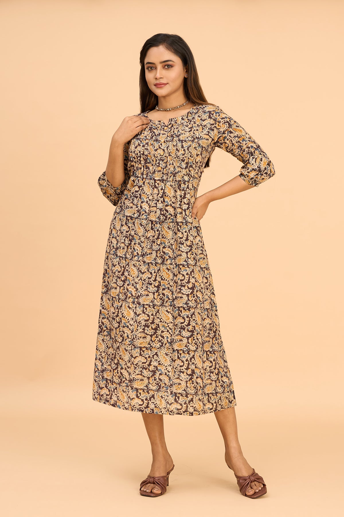 Printed Kalamkari Ethnic Dress with Pin Tucks - Mustard