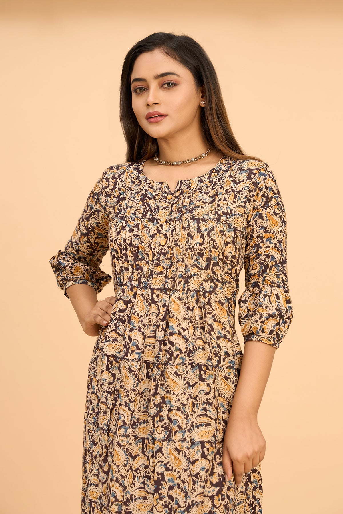 Printed Kalamkari Ethnic Dress with Pin Tucks - Mustard