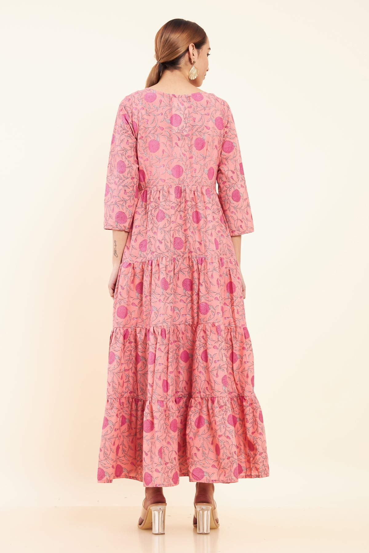 All Over Floral Printed Tiered A- Line Kurta - Pink