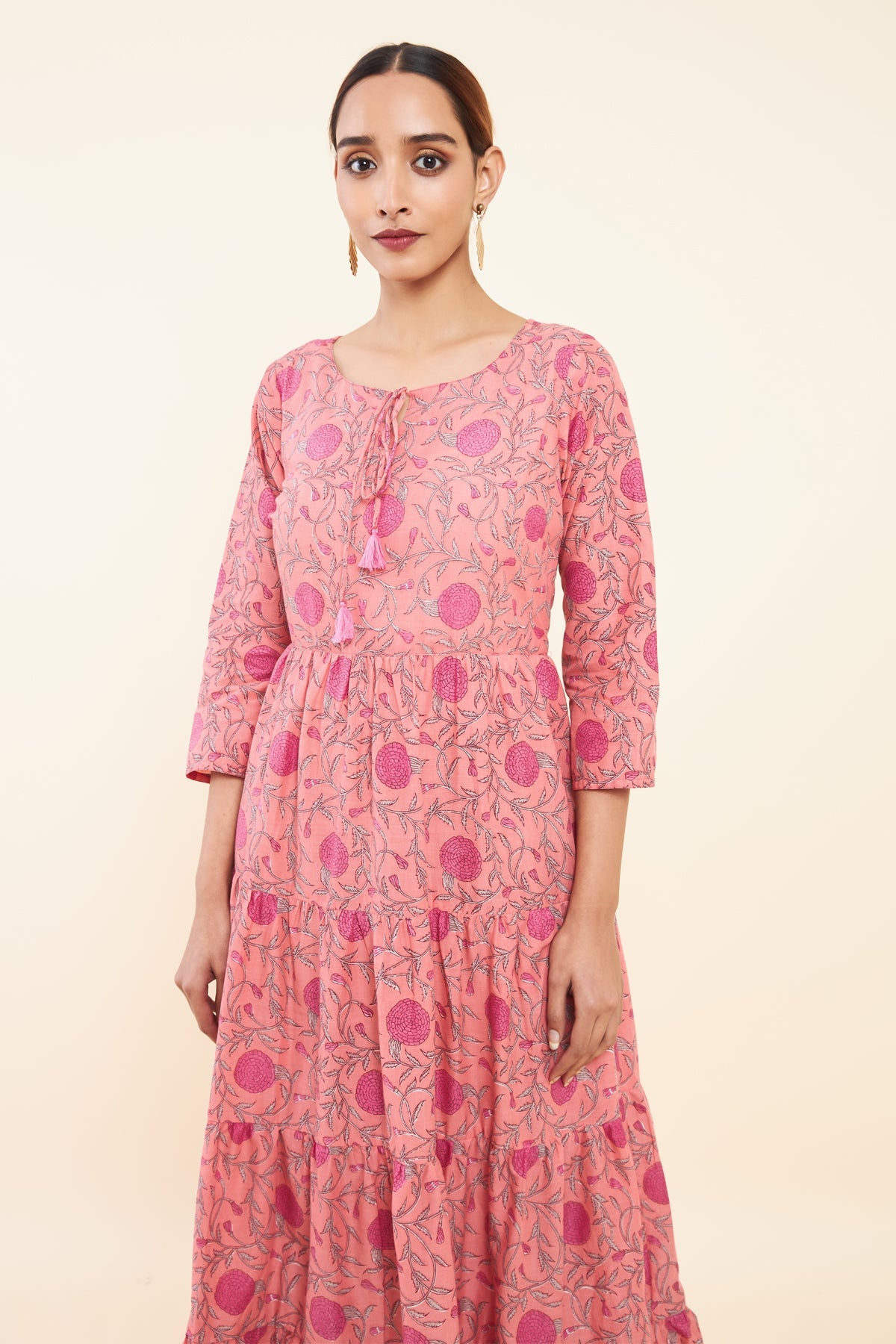 All Over Floral Printed Tiered A- Line Kurta - Pink