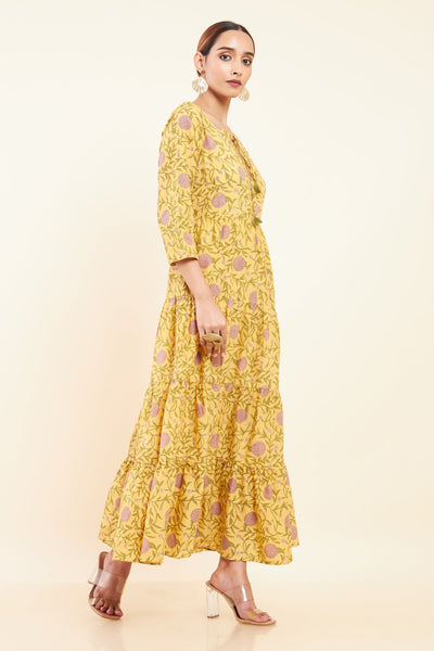 All Over Floral Printed Tiered A- Line Kurta - Yellow