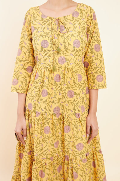 All Over Floral Printed Tiered A- Line Kurta - Yellow