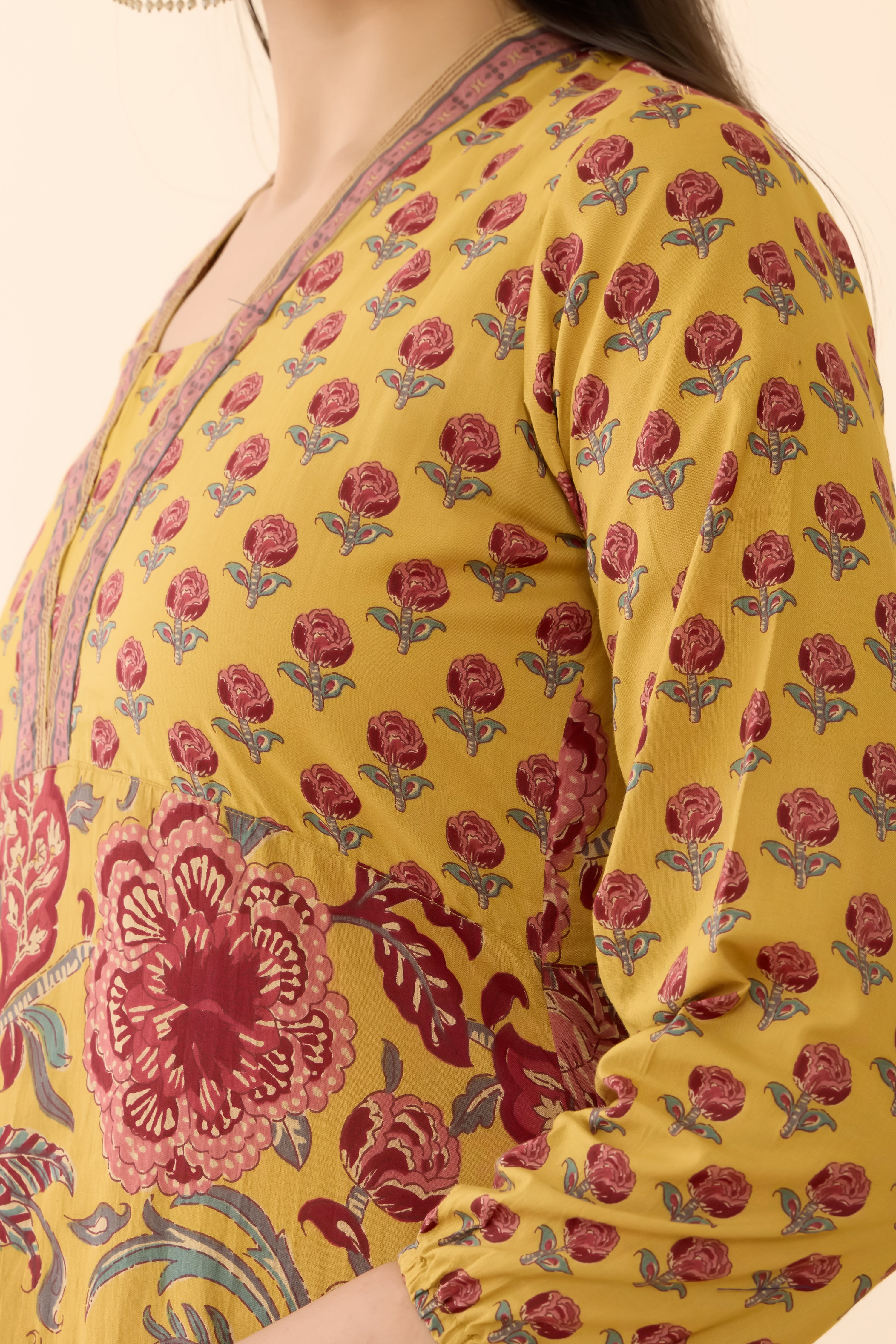 MUSTARD FLORAL A-LINE ETHNIC DRESS