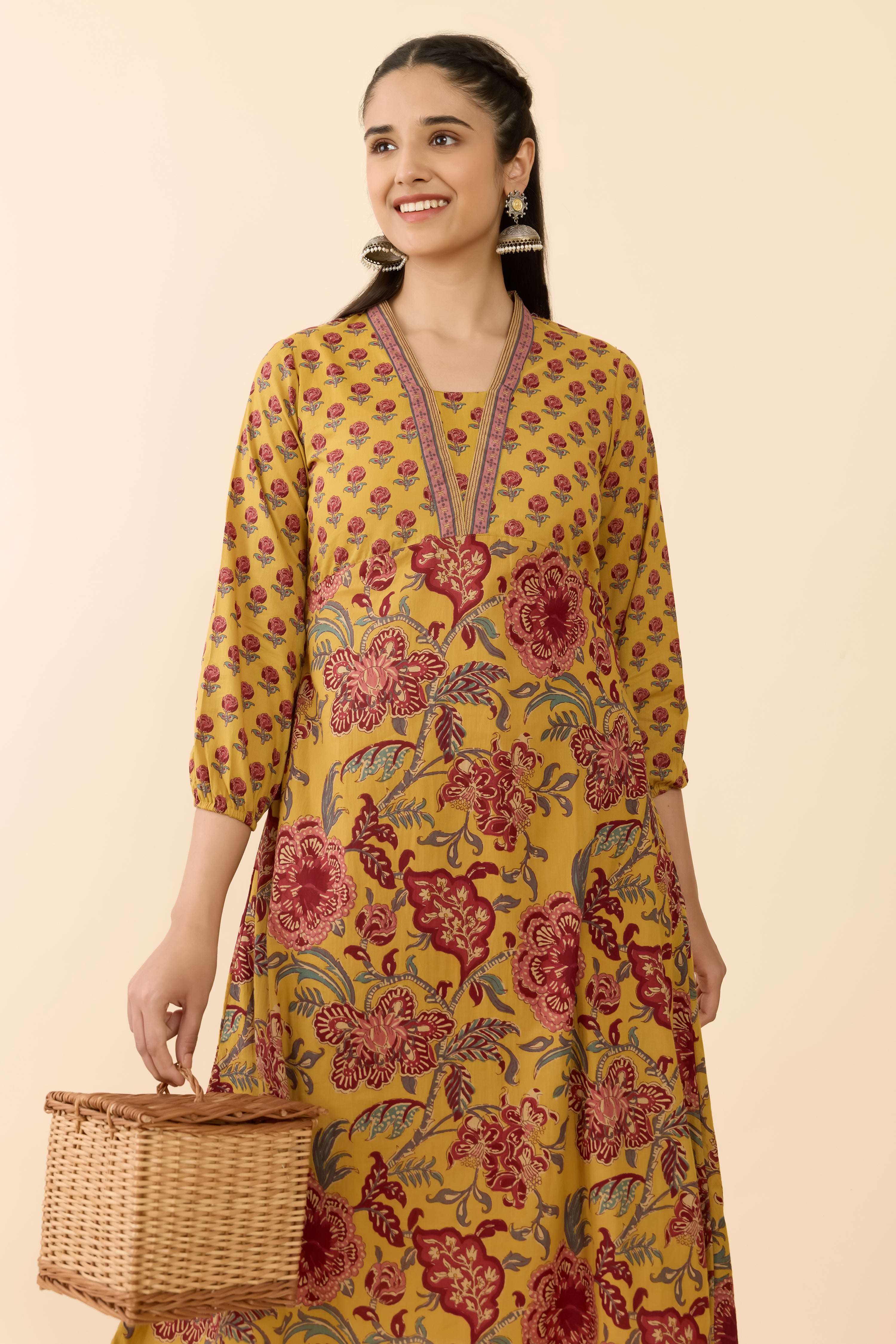 MUSTARD FLORAL A-LINE ETHNIC DRESS