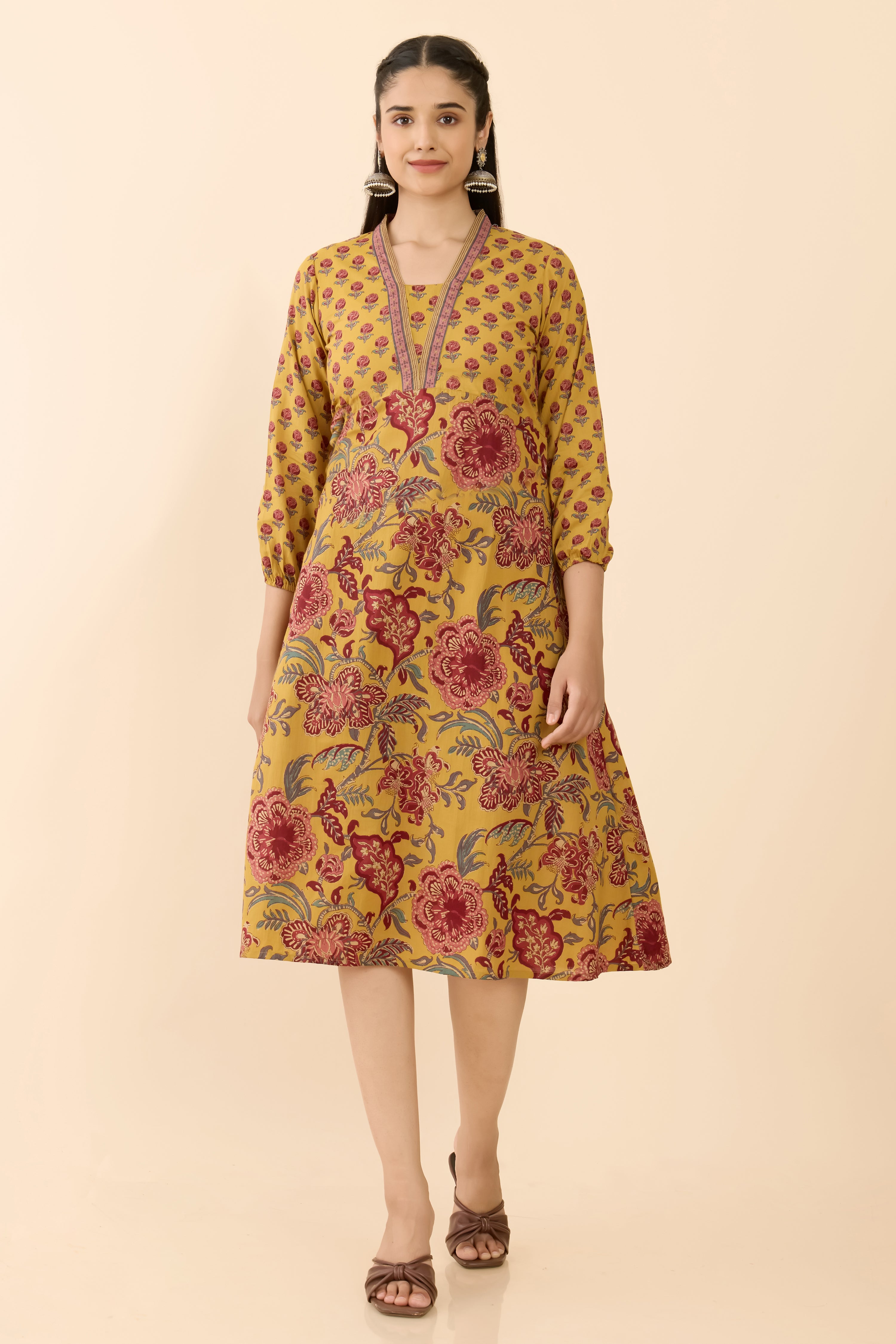 MUSTARD FLORAL A-LINE ETHNIC DRESS